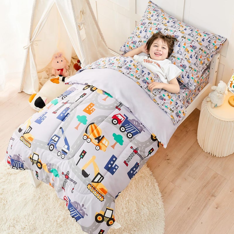 lasoftan طقم سرير للأطفال الصغار بتصميم البناء، 4 قطع طقم سرير مريح للأطفال، مطبوع عليه حفار وسيارات، ناعم للغاية ومريح من الألياف الدقيقة لطقم سرير الأطفال الصغار - Image 5